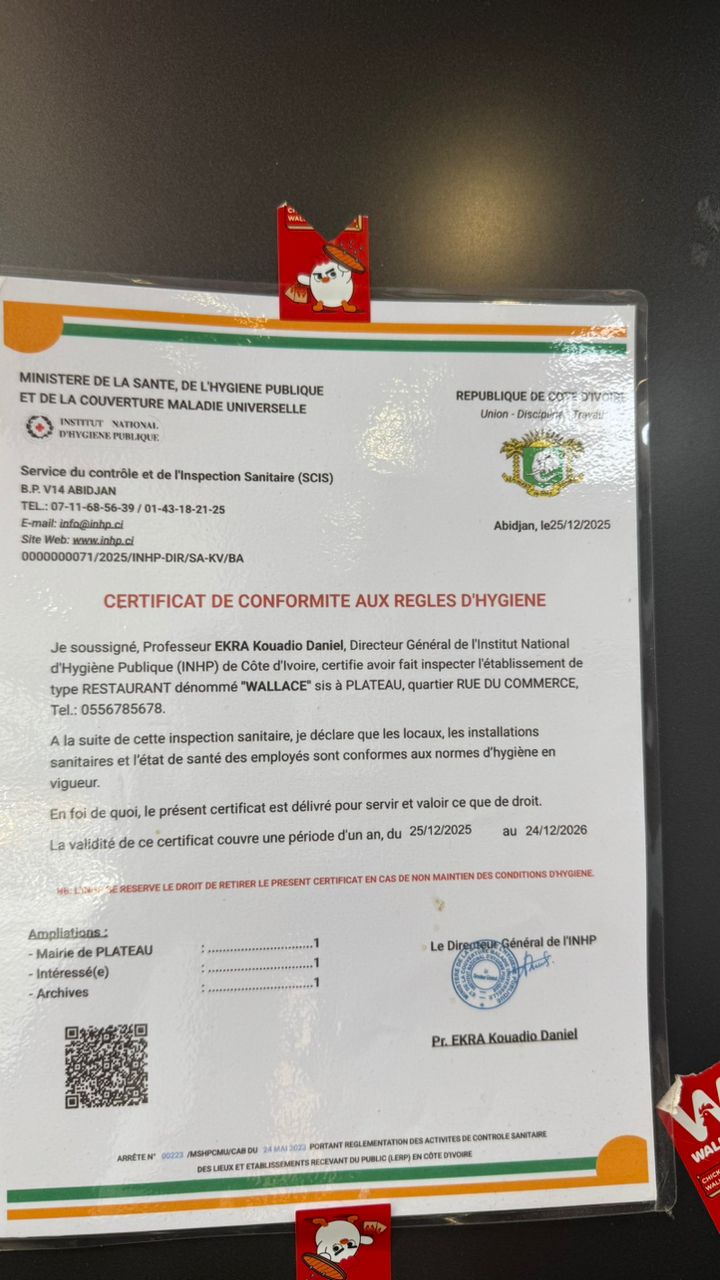 Certificat de conformité aux règles d'hygiène