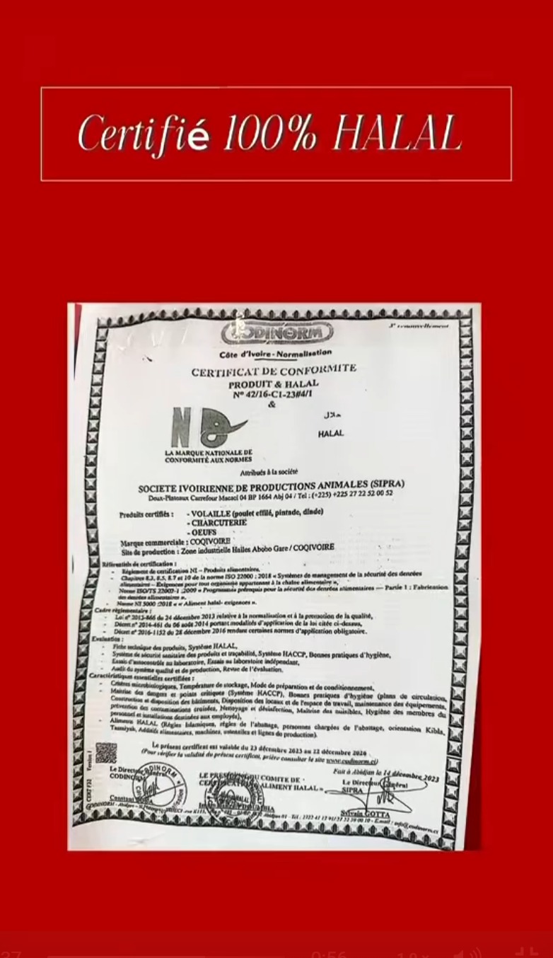 Certificat de conformité produit et halal CODINORM